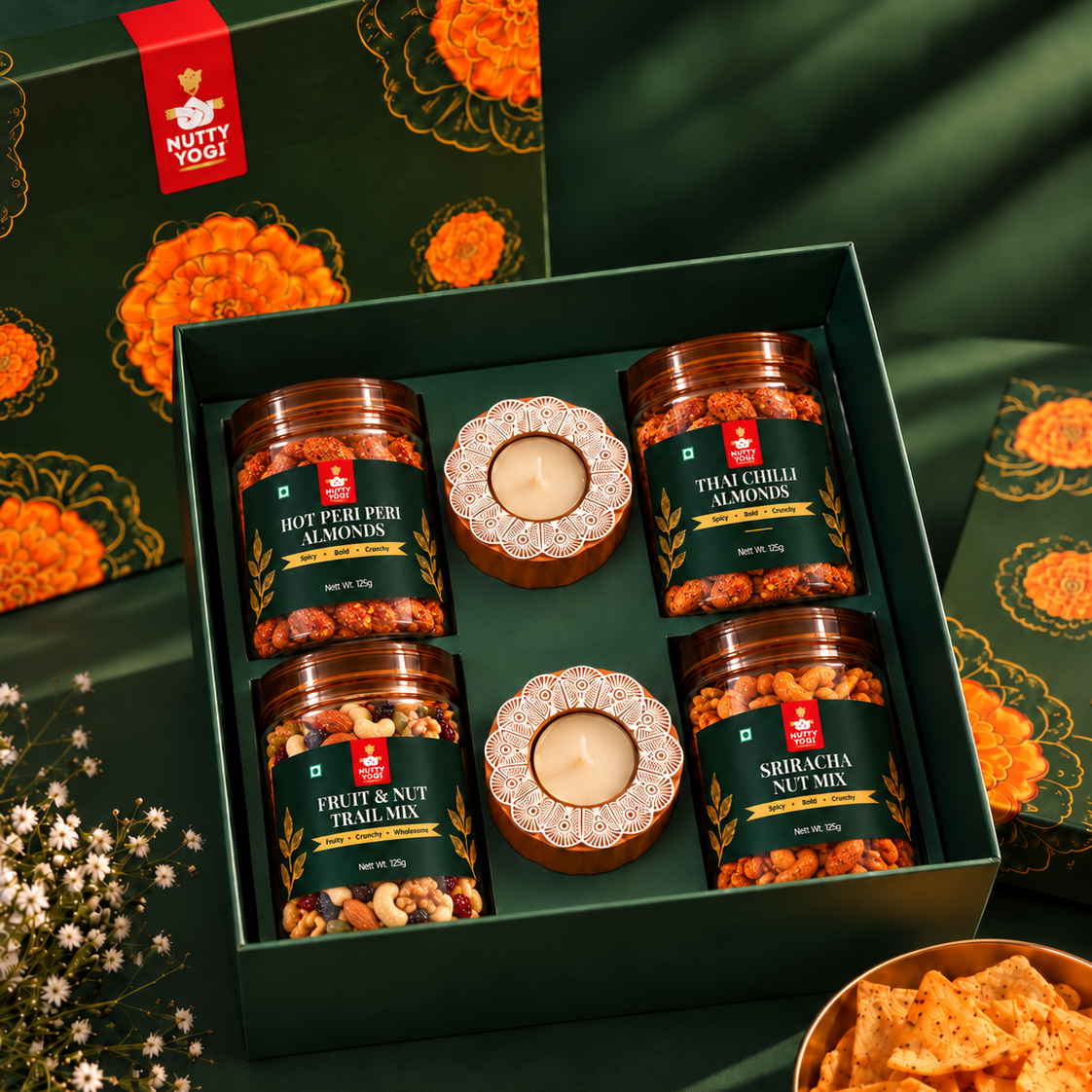 Nutty Yogi Tasty Nuts Gift Box with Wooden Candle Stand 4x100g