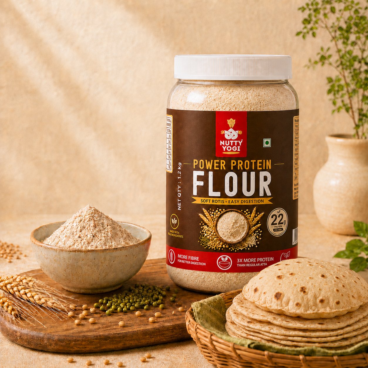 Jar of Nutty Yogi Power Protein Flour with a bowl of flour and roti on a wooden surface.