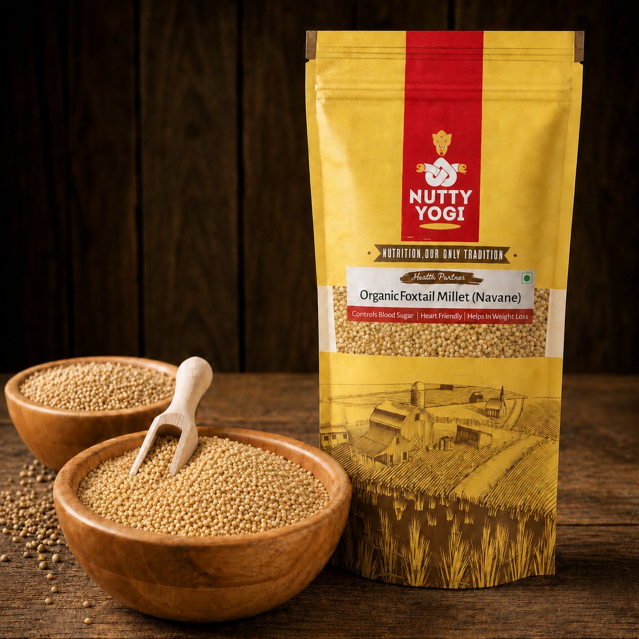 Nutty Yogi Organic Foxtail Millet Navane pack with whole foxtail millet grains in wooden bowls on a rustic wooden surface
