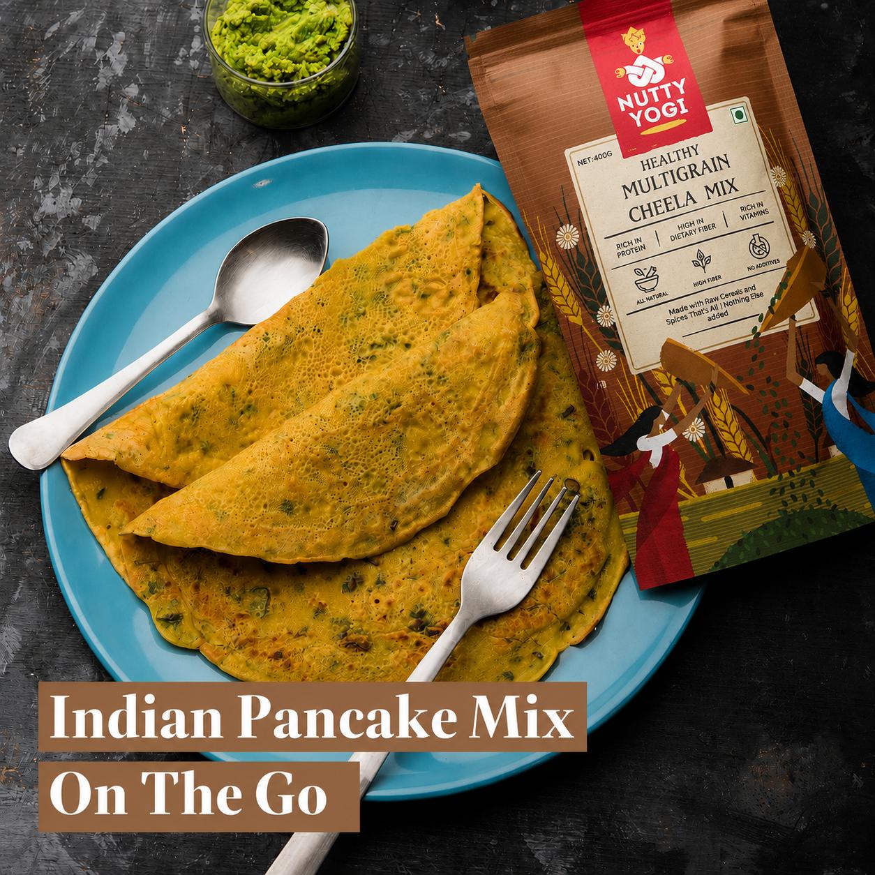 Nutty Yogi Healthy Multigrain Cheela Mix pouch with freshly made cheelas served on a blue plate, ready for a quick and healthy breakfast.