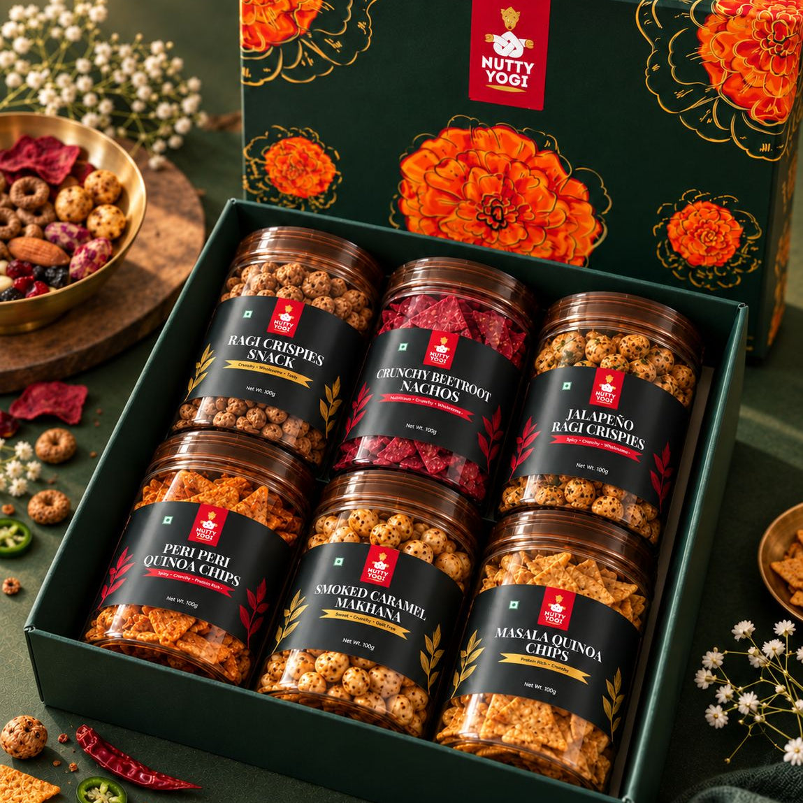 Nutty Yogi Festival Gift Snack Box for Family, Friends | Festive Gifting |Corporate Gifting I Healthy Snacks, Premium, Gift Hamper | 6 Snacks( Any 2 Chips, Any 2 Makhana, Any 2 Bhujiya)