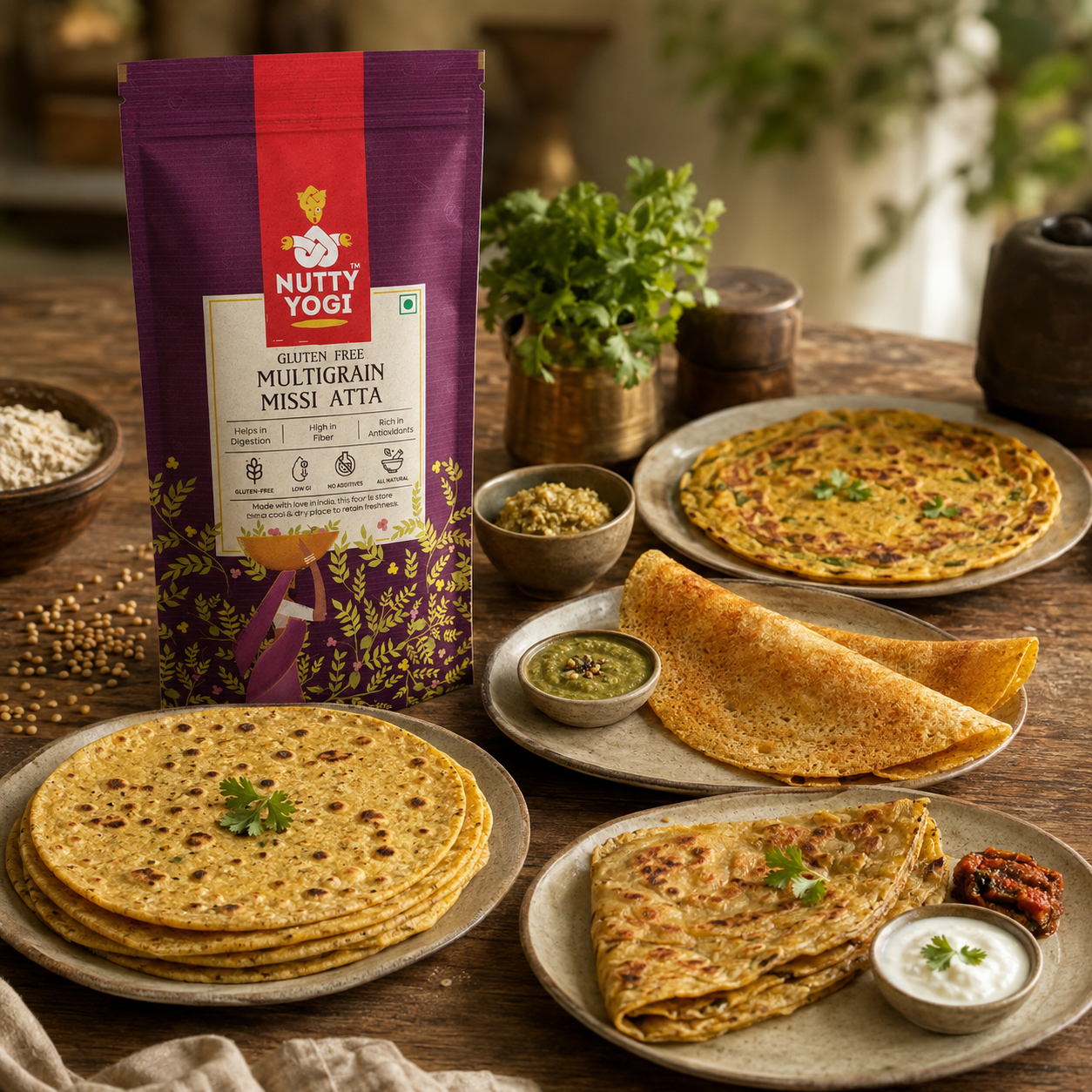 A package of Nutty Yogi Multigrain Missi Atta stands on a rustic wooden table surrounded by prepared flatbreads and dosas on plates, with small bowls of chutney and garnish. The background is softly blurred with indoor decor.