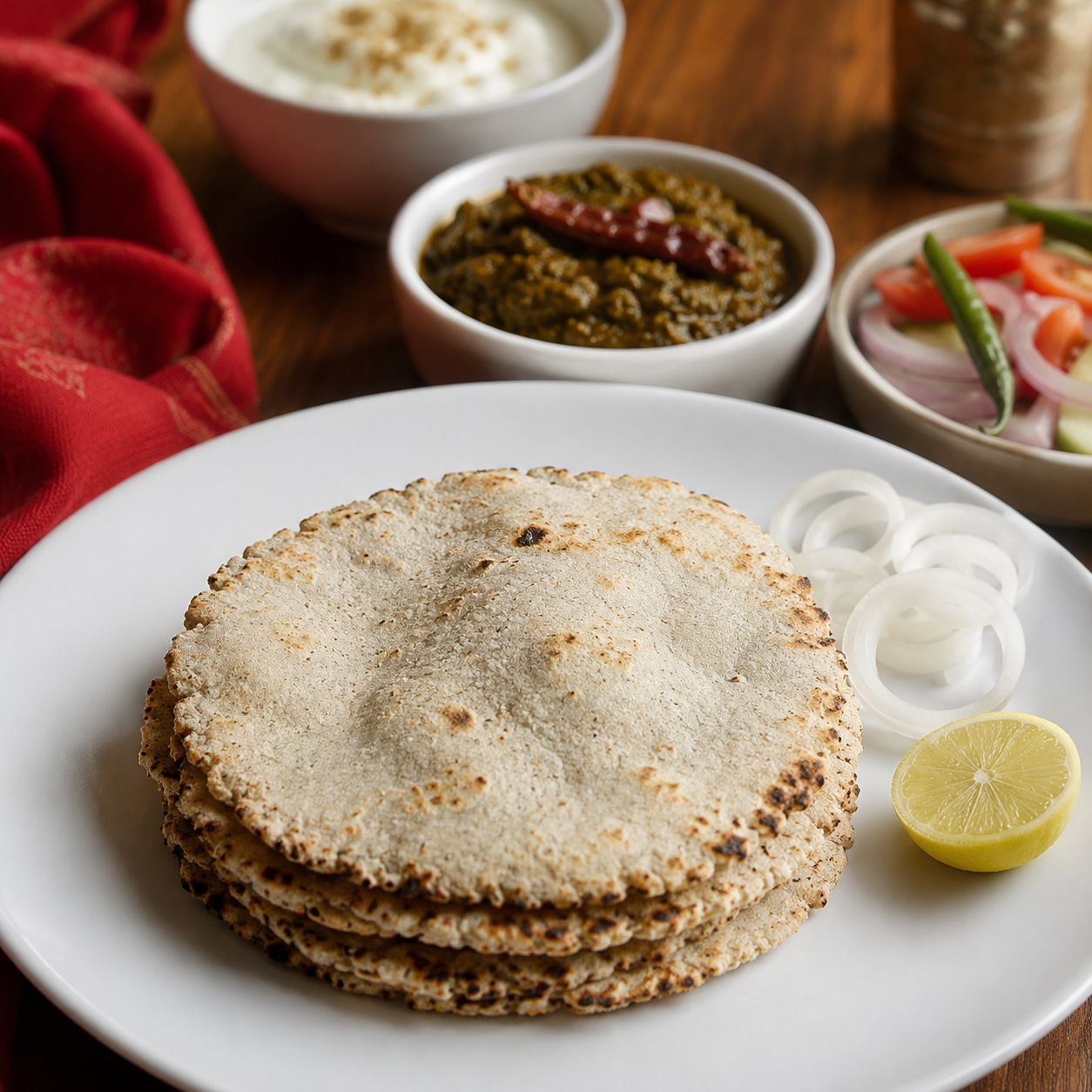 A stack of round toasted flatbreads on a white plate, served with sliced white onions and a lemon wedge, with bowls of chutney, pickle, and sliced red onions on a wooden table.