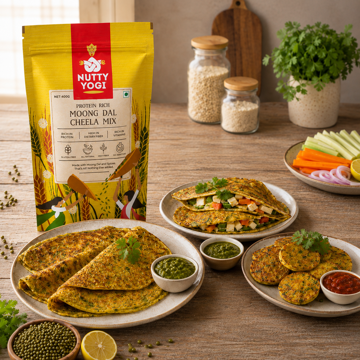 A bag of Nutty Yogi Moong Dal Cheela Mix stands on a wooden table beside prepared cheela dishes, garnished with cilantro, with small bowls of chutney, peas, and sliced vegetables. The background includes jars of grains and a potted herb.