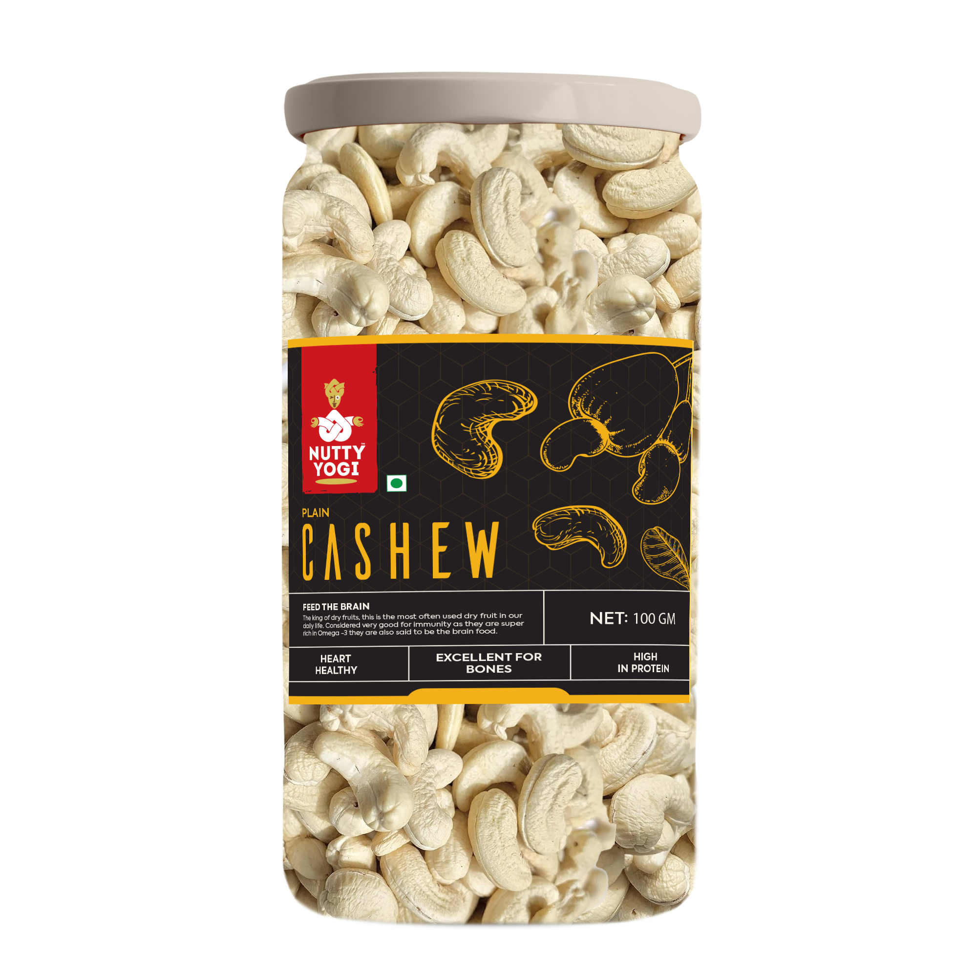 Nutty Yogi Cashew 100GM Jar| Whole Crunchy Cashew | Premium Kaju nuts Dry Fruit | Nutritious & Delicious | Gluten Free & Plant based Protein