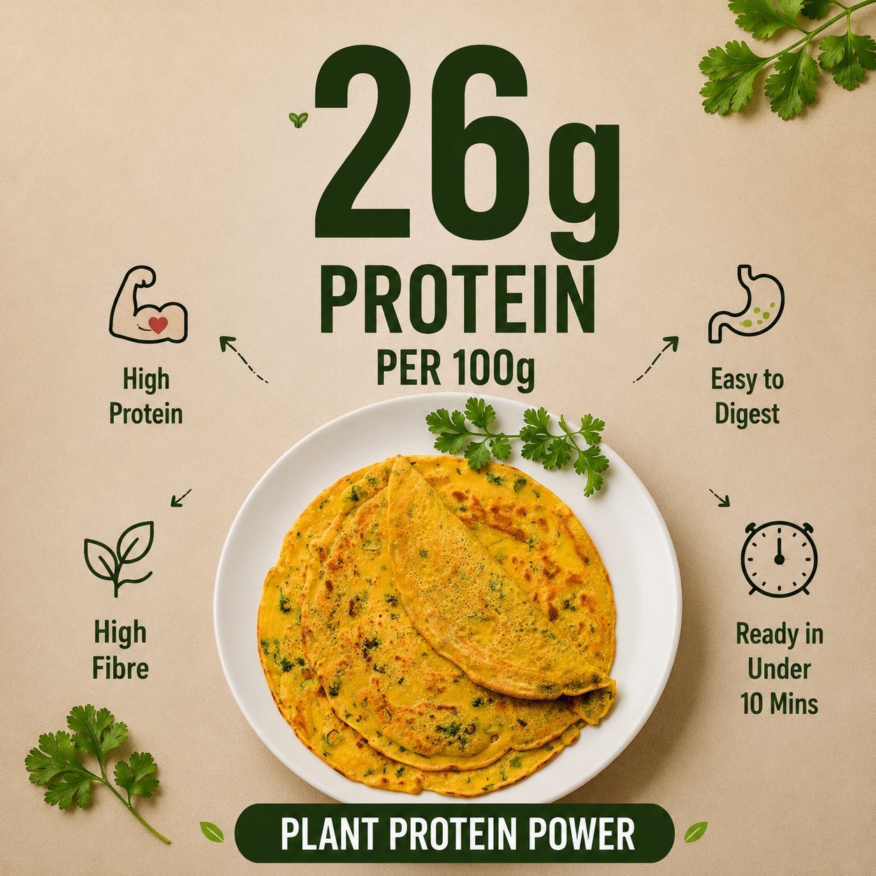 Cheela on a white plate with protein and health benefits text on a beige background
