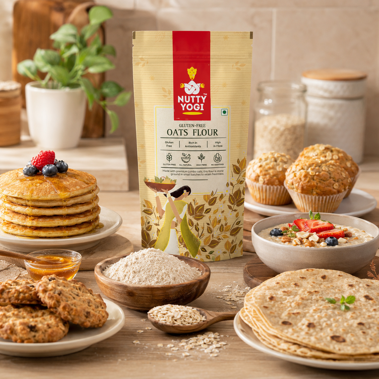 A bag of Nutty Yogi Gluten Free Oats Flour stands on a wooden table surrounded by prepared oatmeal dishes, including pancakes, muffins, flatbread, cookies, and a bowl of fruit yogurt, in a warm kitchen setting.