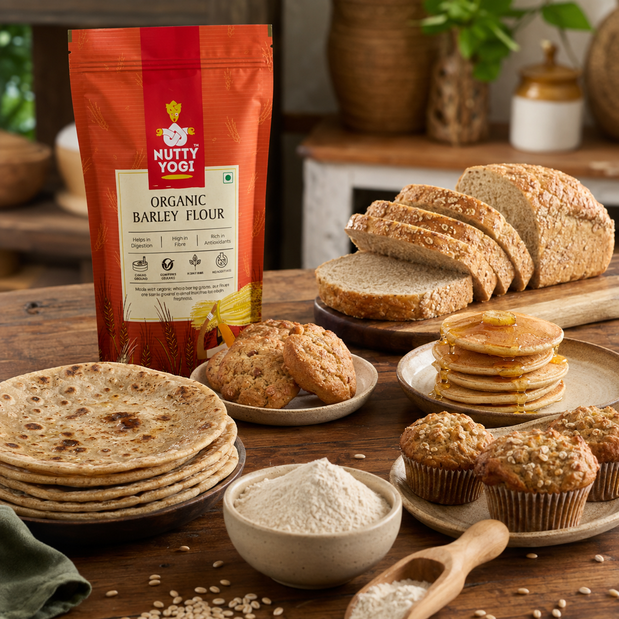 A bag of Nutty Yog! Organic Barley Flour stands on a rustic wooden table surrounded by baked goods made from the flour, including flatbreads, pancakes, muffins, and bread slices. The scene is styled with bowls, a spoon, and warm kitchen props in the background.