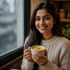 A smiling woman with long dark hair holds a white mug containing a yellow soup or curry, standing by a rain-speckled window. She wears a cream cable-knit sweater in a cozy indoor setting.
