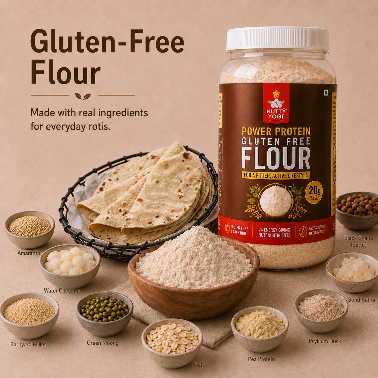Jar of Nutty Yogi Power Protein Gluten Free Flour with gluten-free flour and rotis on a beige background