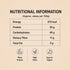 Nutritional information table for Nutty Yogi Cheela Mix with icons for plant protein, high fibre, and easy to digest on a beige background.