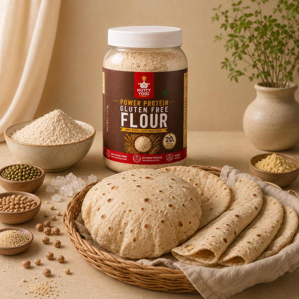 Jar of Nutty Yogi Power Protein Gluten Free Flour with Chapathi and ingredients on a table