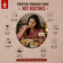 Promotional graphic for Nutty Yogi protein product with a woman eating roti and text about protein through food.