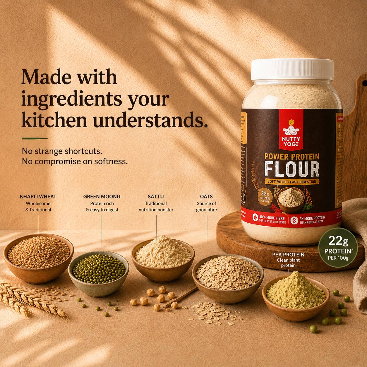Nutty Yogi Power Protein Flour container with ingredients.