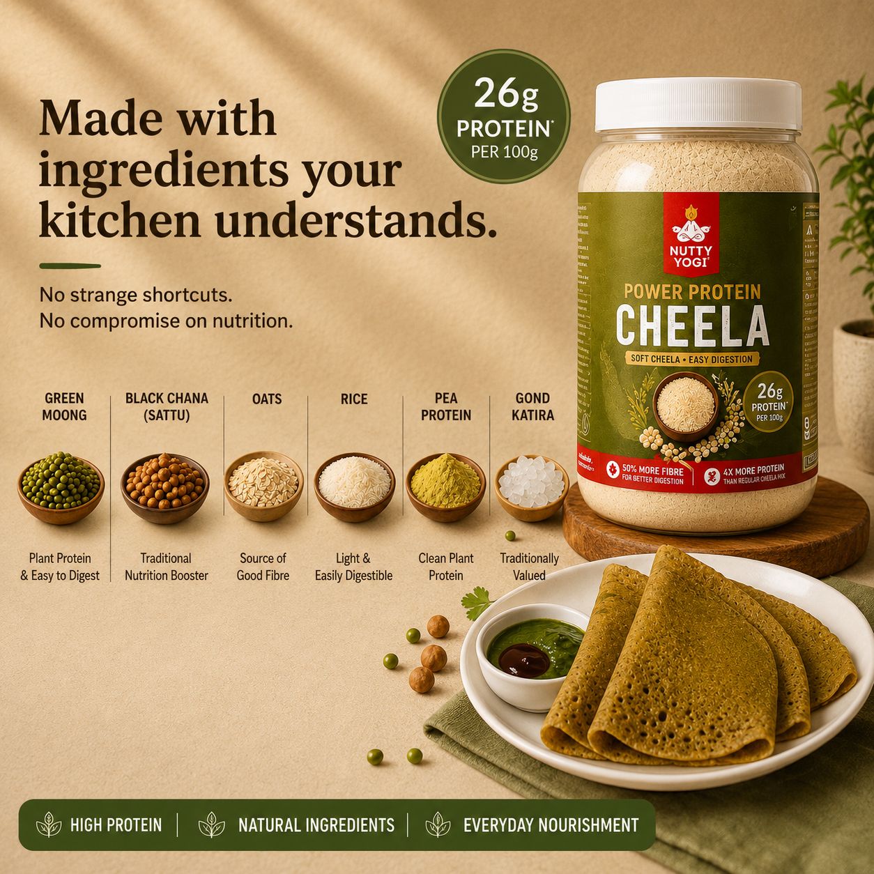 Nutty Yogi Power Protein Cheela jar with ingredients and a plate of cheela on a beige background