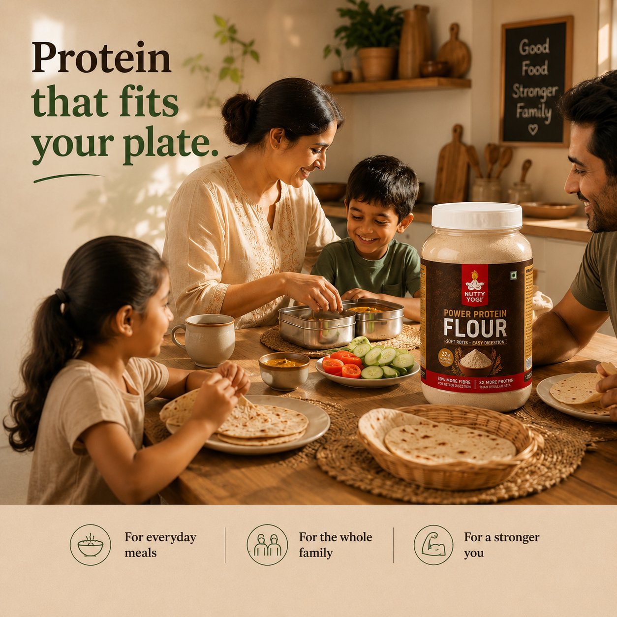 Family at a table with Power Proteins Flour container, emphasizing protein in meals.