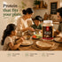 Family at a table with Power Proteins Flour container, emphasizing protein in meals.
