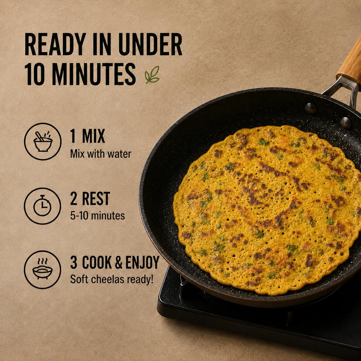 Cheela on a pan with cooking instructions on a brown background