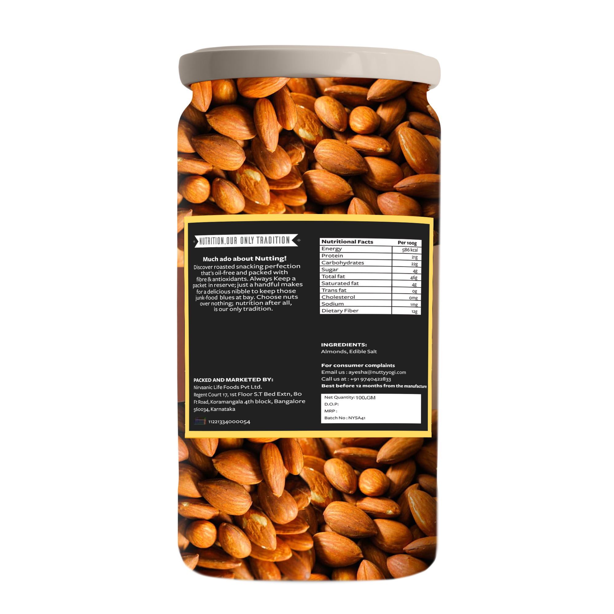 Nutty Yogi Healthy Treat Roasted Salted Almonds, Whole, Food For The Brain; 100 Gm