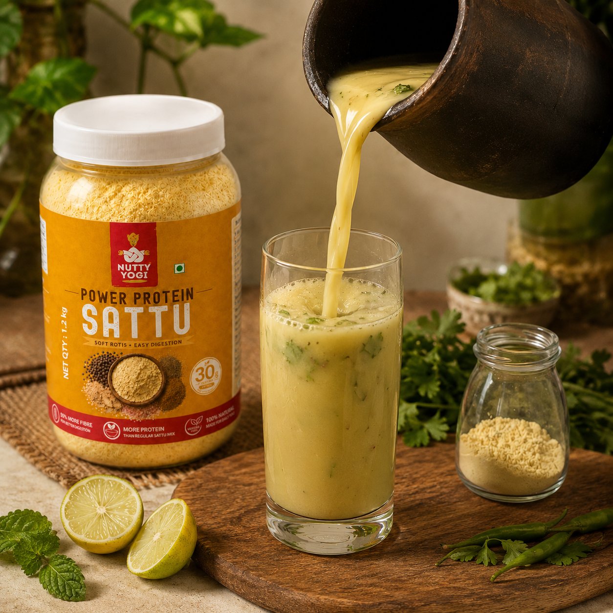 Power Protein Sattu being poured into a glass with a jar of Nutty Yogi Power Protein Sattu.