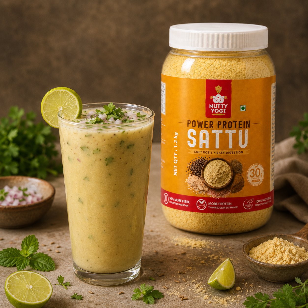 Glass of a yellow smoothie with a jar of Nutty Yogi Power Protein Sattu on a rustic background.