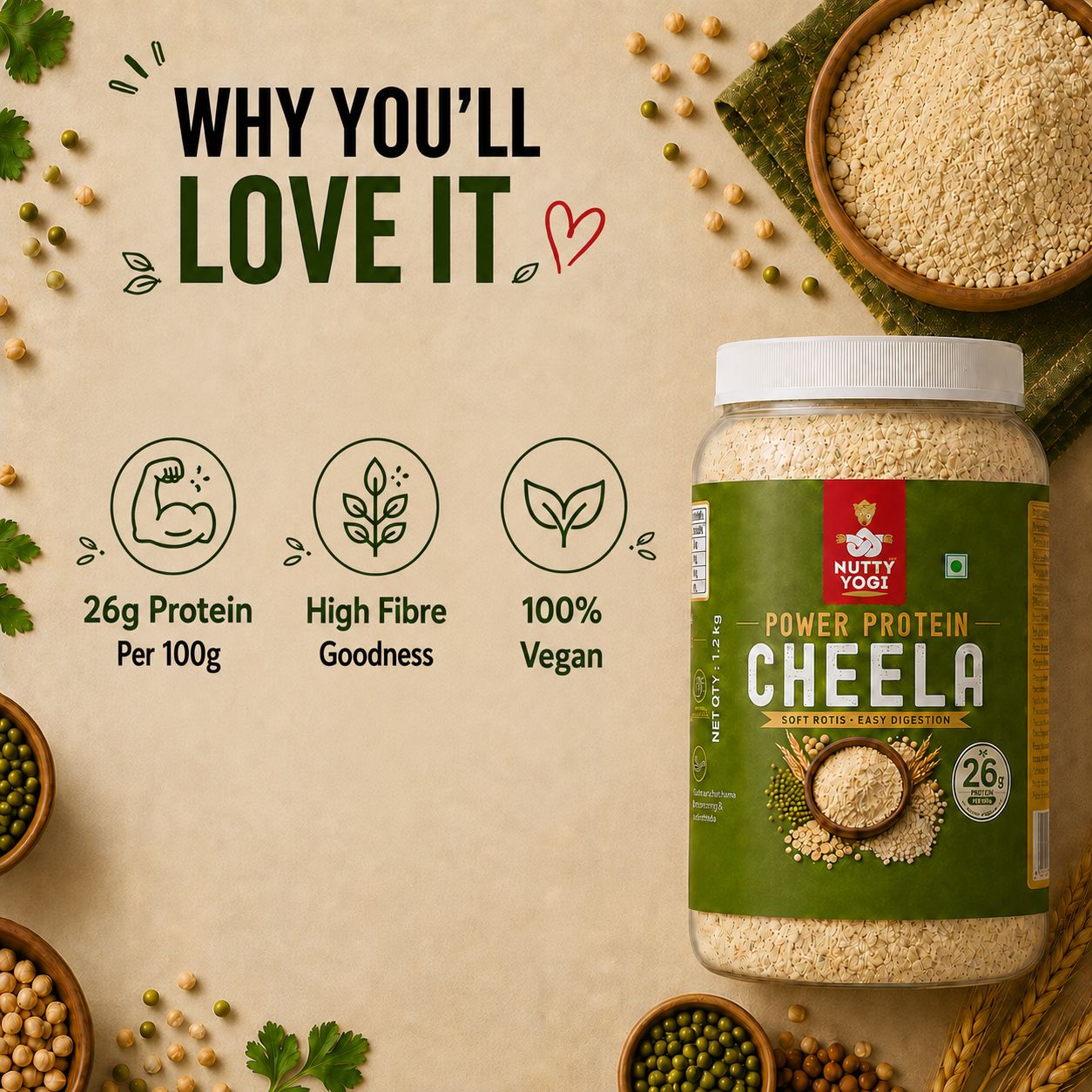 Nutty Yogi Power Protein Cheela jar with ingredients on a beige background