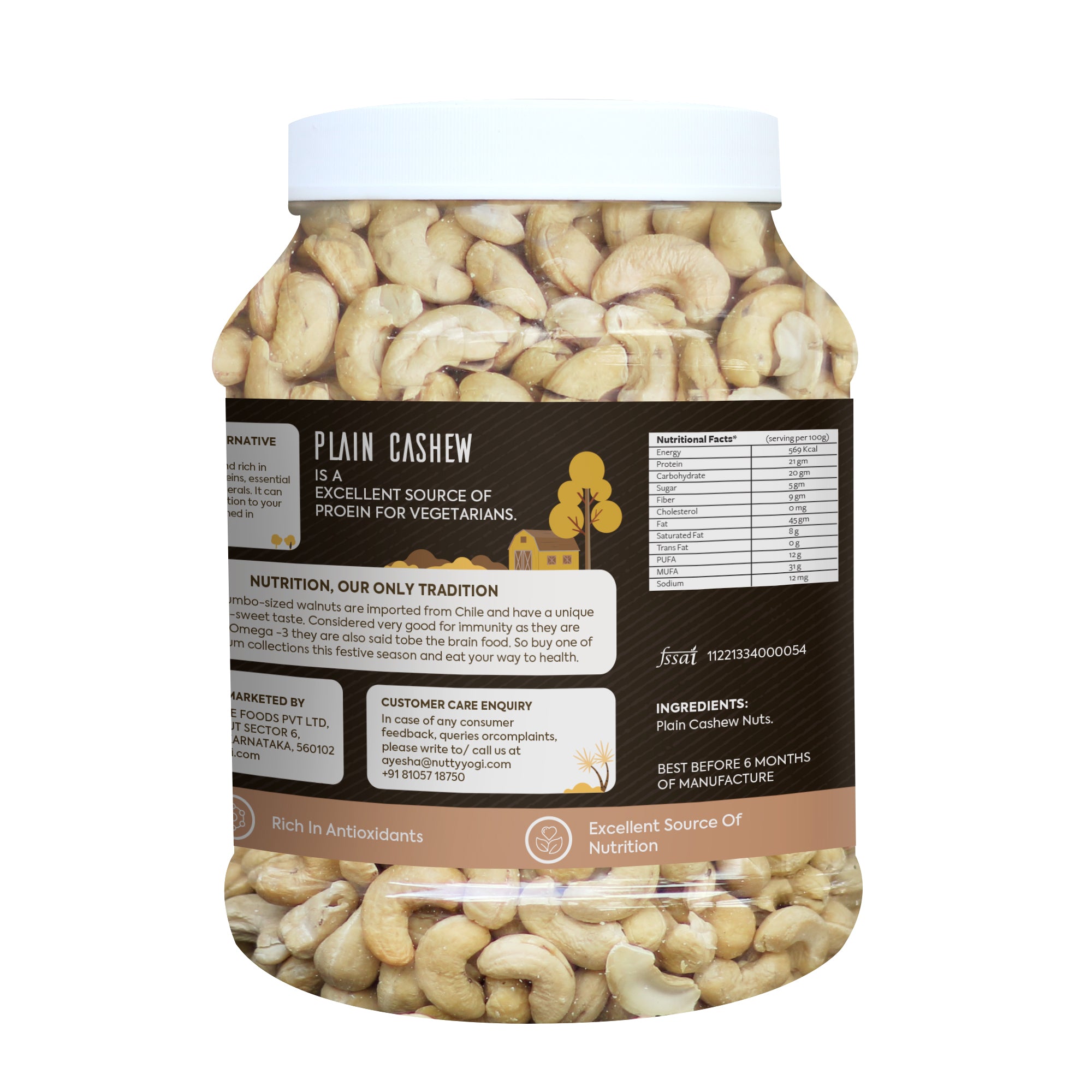 Nutty Yogi Cashew 1.2kgs Jar| Whole Crunchy Cashew | Premium Kaju nuts Dry Fruit | Nutritious & Delicious | Gluten Free & Plant based Protein