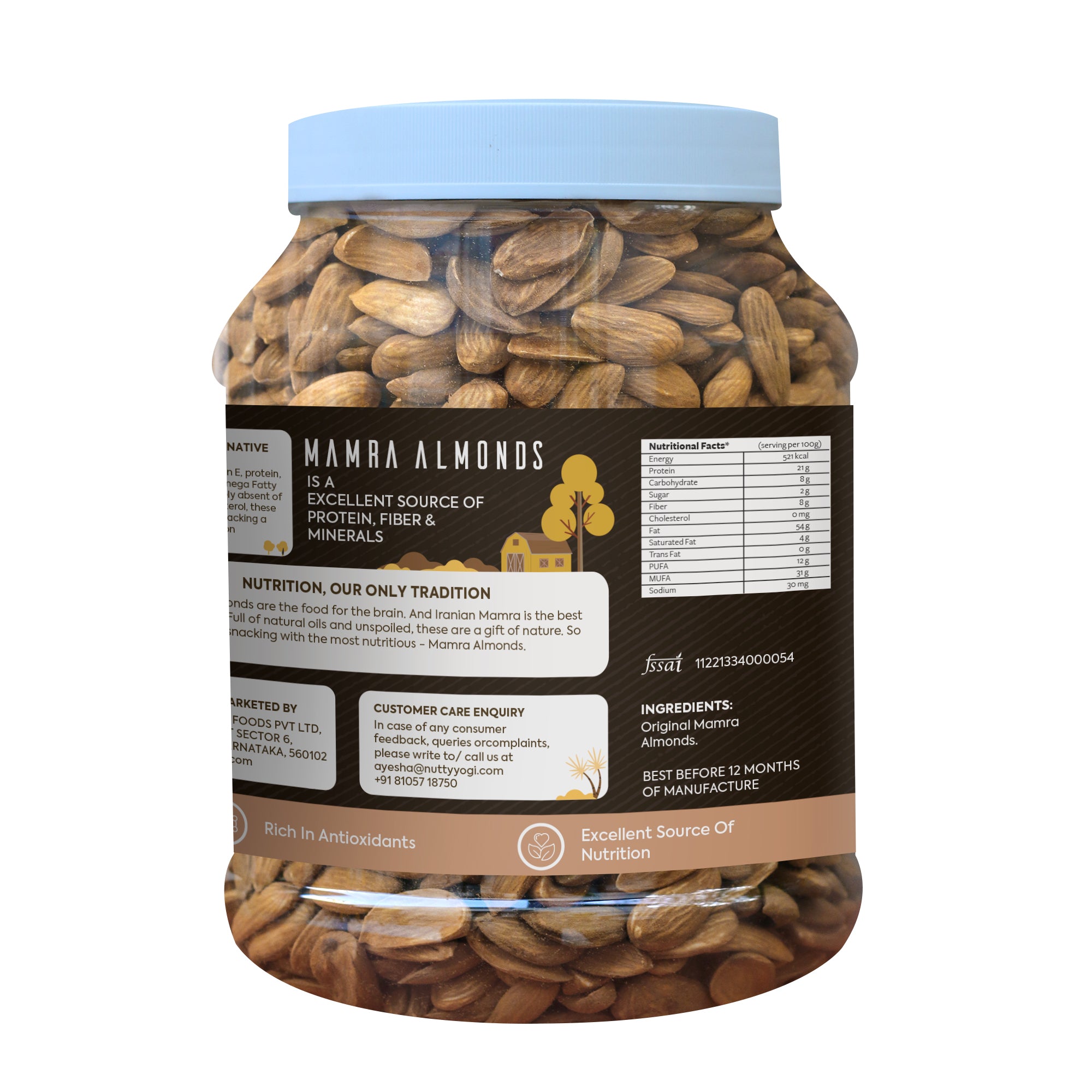 Nutty Yogi Mamra Almonds 1.2kgs jar | No Additives | Gluten Free | Vegan | Non GMO | Nuts | Dry Fruits